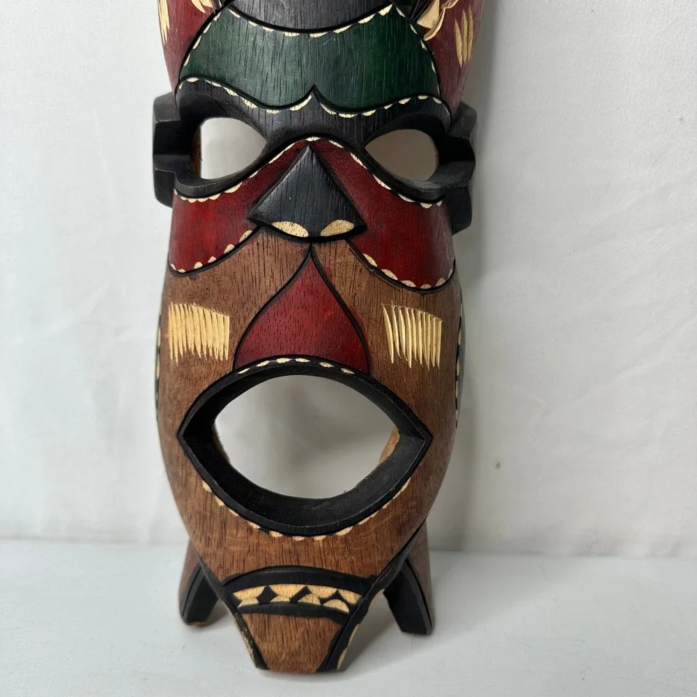 Hand Carved Wooden African Tribal Mask Wall Decor Hand Painted Folk Art 16 Inch